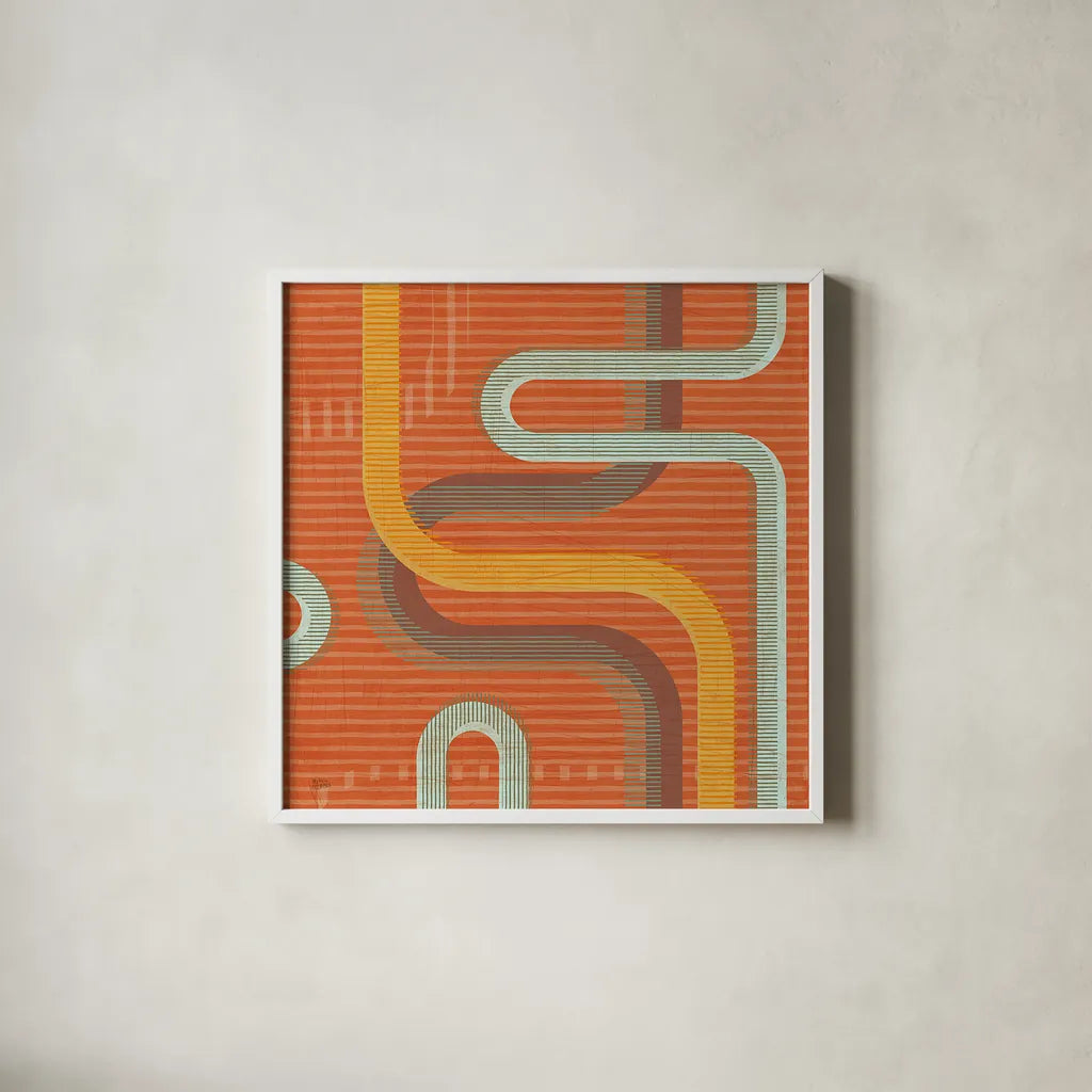 Subway Lines I Sunset by Melissa Averinos. Shown in a crisp white glass frame for a clean and minimalist style. Available as an archival giclee rolled canvas, fine art paper, or poster print. SKU 61556a.