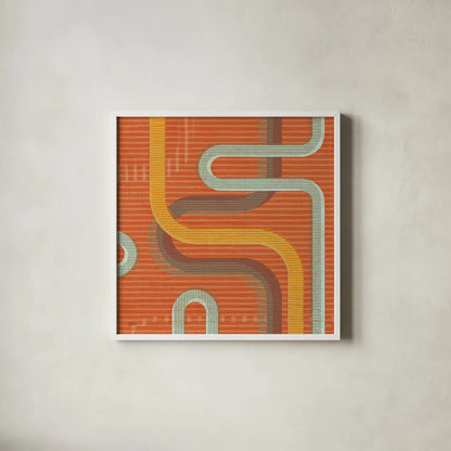 Subway Lines I Sunset by Melissa Averinos. Shown in a crisp white glass frame for a clean and minimalist style. Available as an archival giclee rolled canvas, fine art paper, or poster print. SKU 61556a.