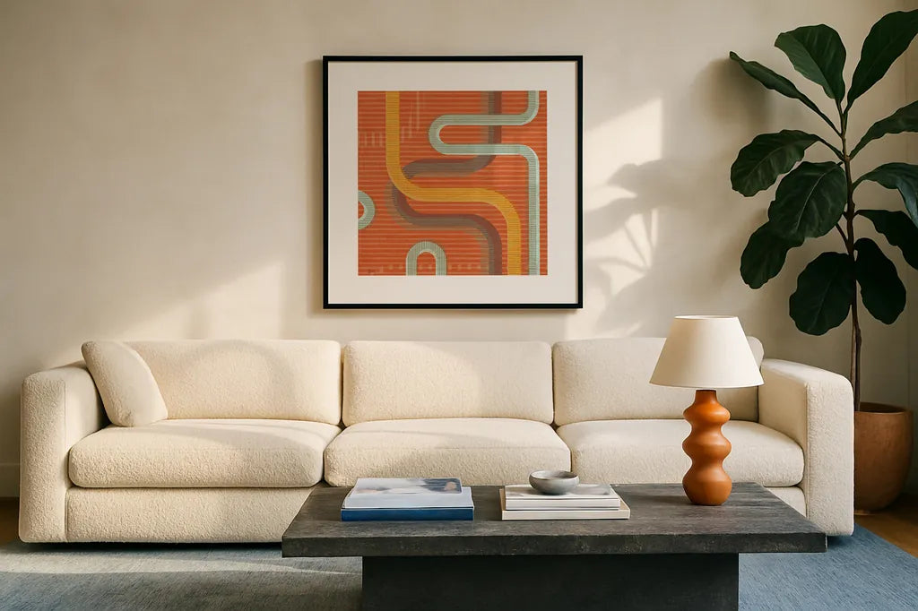 Subway Lines I Sunset by Melissa Averinos. Displayed in a glass frame with matte in a clean modern living room. Available as an archival giclee rolled canvas, fine art paper, or poster print. SKU 61556a.