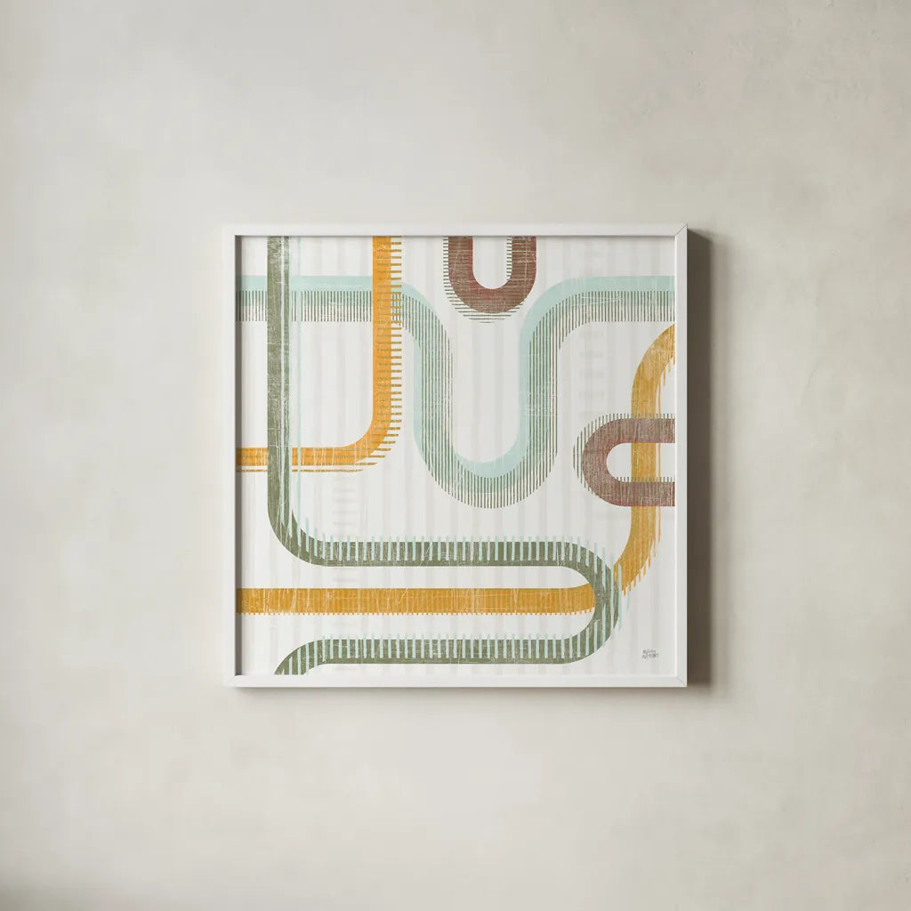 Subway Lines II by Melissa Averinos. Shown in a crisp white glass frame for a clean and minimalist style. Available as an archival giclee rolled canvas, fine art paper, or poster print. SKU 58961a.