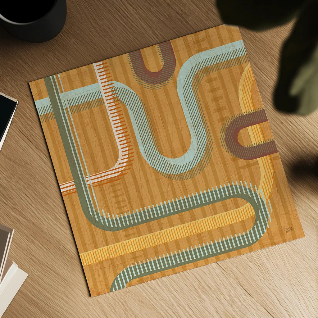 Subway Lines II Sunset by Melissa Averinos. Shown as a detailed flat fine art print, highlighting archival giclee quality. Available as an archival giclee rolled canvas, fine art paper, or poster print. SKU 61557a.