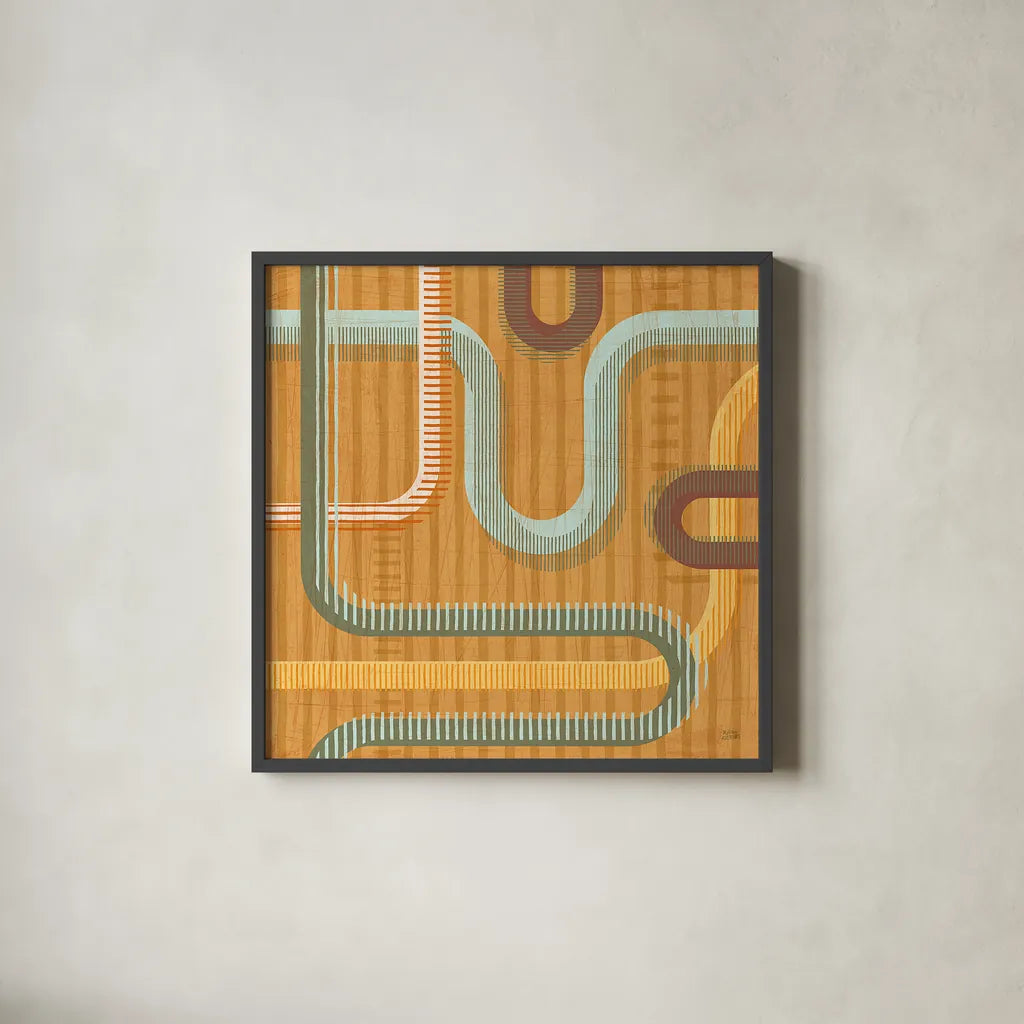 Subway Lines II Sunset by Melissa Averinos. Shown in a sleek black glass frame for a contemporary gallery look. Available as an archival giclee rolled canvas, fine art paper, or poster print. SKU 61557a.