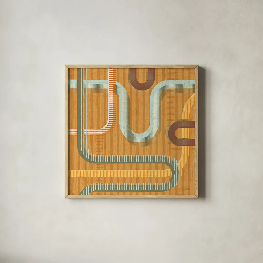 Subway Lines II Sunset by Melissa Averinos. Shown in a natural wood glass frame for a timeless modern aesthetic. Available as an archival giclee rolled canvas, fine art paper, or poster print. SKU 61557a.