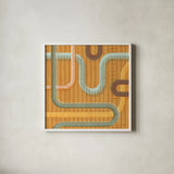 Subway Lines II Sunset by Melissa Averinos. Shown in a crisp white glass frame for a clean and minimalist style. Available as an archival giclee rolled canvas, fine art paper, or poster print. SKU 61557a.