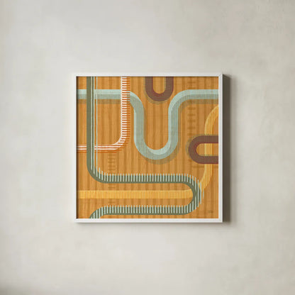 Subway Lines II Sunset by Melissa Averinos. Shown in a crisp white glass frame for a clean and minimalist style. Available as an archival giclee rolled canvas, fine art paper, or poster print. SKU 61557a.