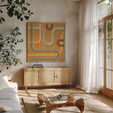Subway Lines II Sunset by Melissa Averinos. Shown in a natural wood frame in a cozy modern living room. Available as an archival giclee rolled canvas, fine art paper, or poster print. SKU 61557a.