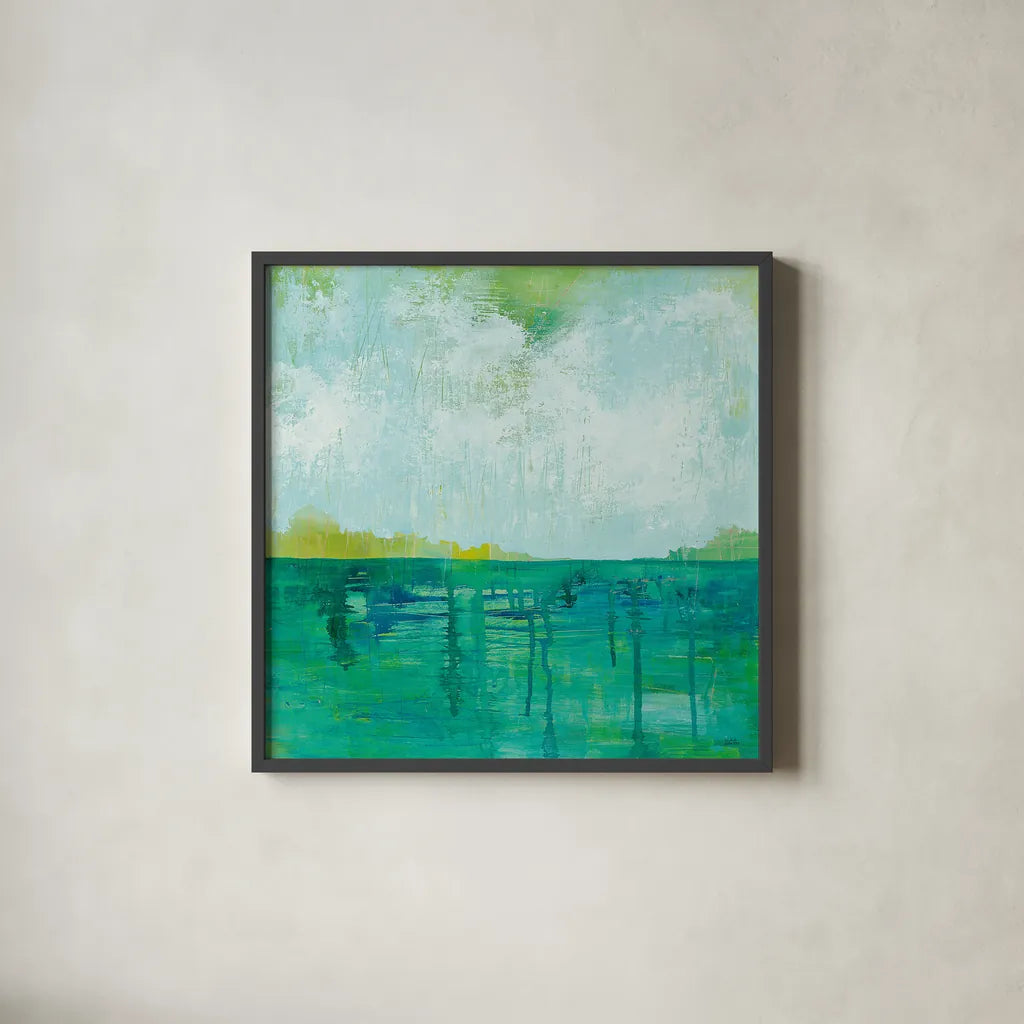 To the Shore by Melissa Averinos. Shown in a sleek black glass frame for a contemporary gallery look. Available as an archival giclee rolled canvas, fine art paper, or poster print. SKU 27609a.