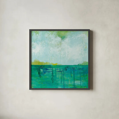 To the Shore by Melissa Averinos. Shown in a sleek black glass frame for a contemporary gallery look. Available as an archival giclee rolled canvas, fine art paper, or poster print. SKU 27609a.