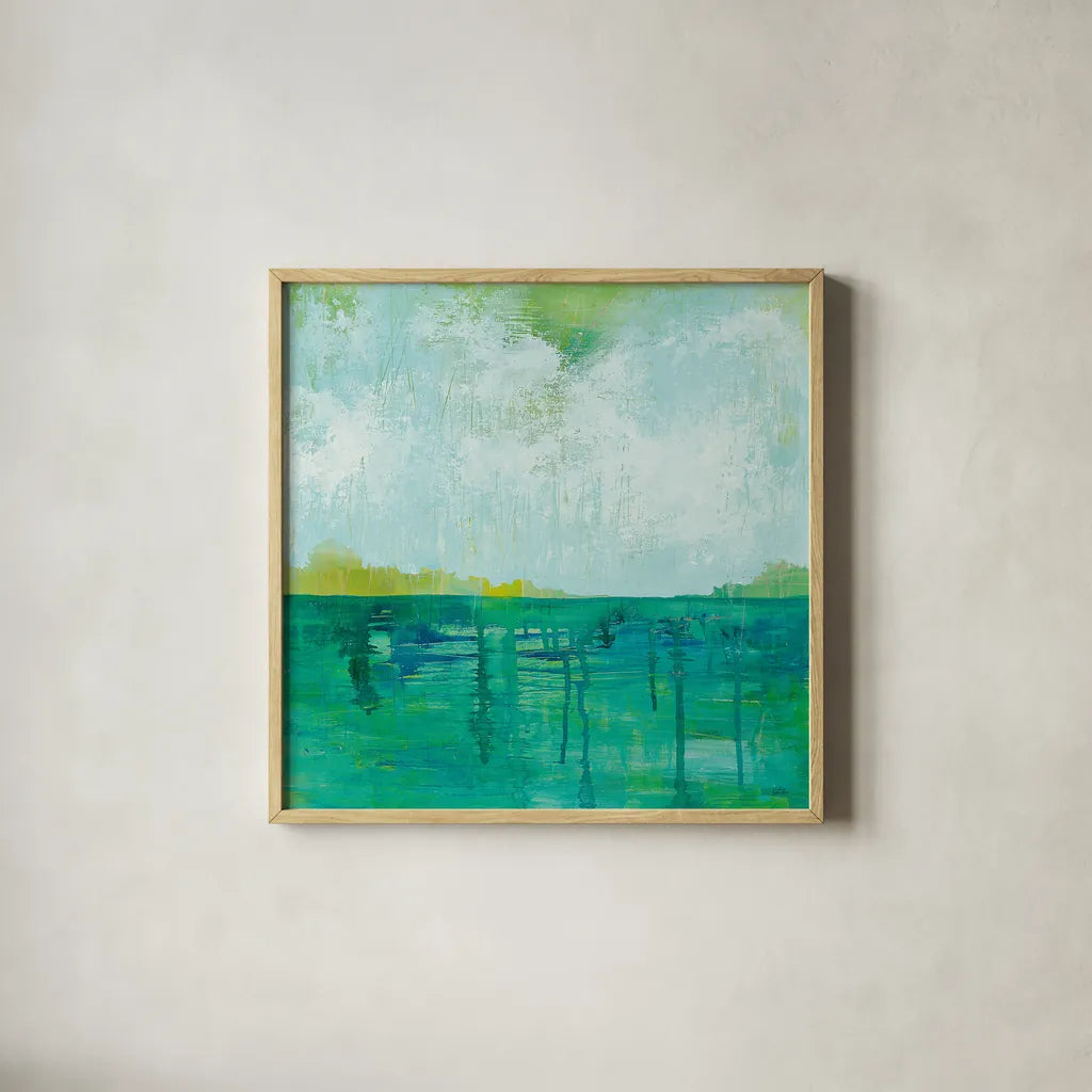 To the Shore by Melissa Averinos. Shown in a natural wood glass frame for a timeless modern aesthetic. Available as an archival giclee rolled canvas, fine art paper, or poster print. SKU 27609a.