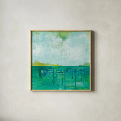 To the Shore by Melissa Averinos. Shown in a natural wood glass frame for a timeless modern aesthetic. Available as an archival giclee rolled canvas, fine art paper, or poster print. SKU 27609a.