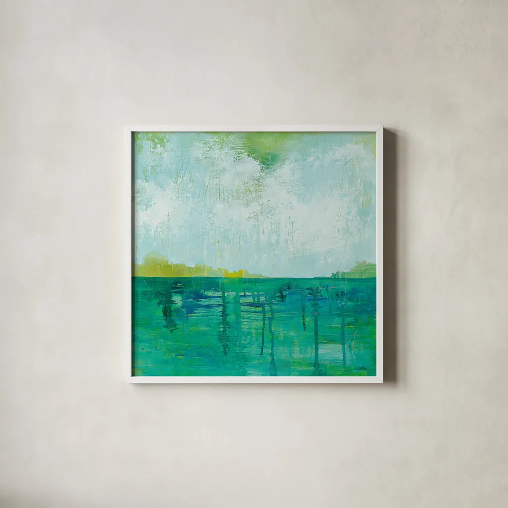 To the Shore by Melissa Averinos. Shown in a crisp white glass frame for a clean and minimalist style. Available as an archival giclee rolled canvas, fine art paper, or poster print. SKU 27609a.