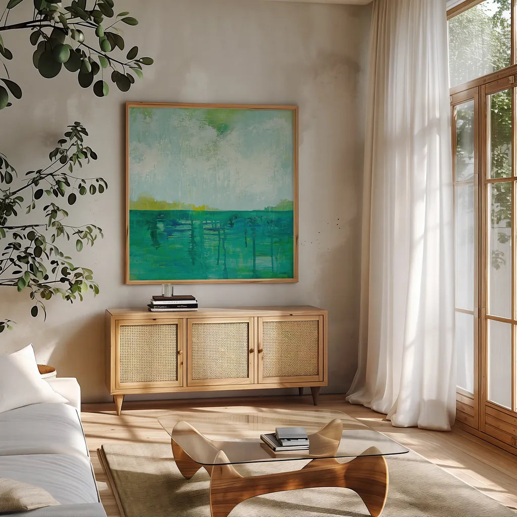 To the Shore by Melissa Averinos. Shown in a natural wood frame in a cozy modern living room. Available as an archival giclee rolled canvas, fine art paper, or poster print. SKU 27609a.