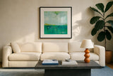 To the Shore by Melissa Averinos. Displayed in a glass frame with matte in a clean modern living room. Available as an archival giclee rolled canvas, fine art paper, or poster print. SKU 27609a.
