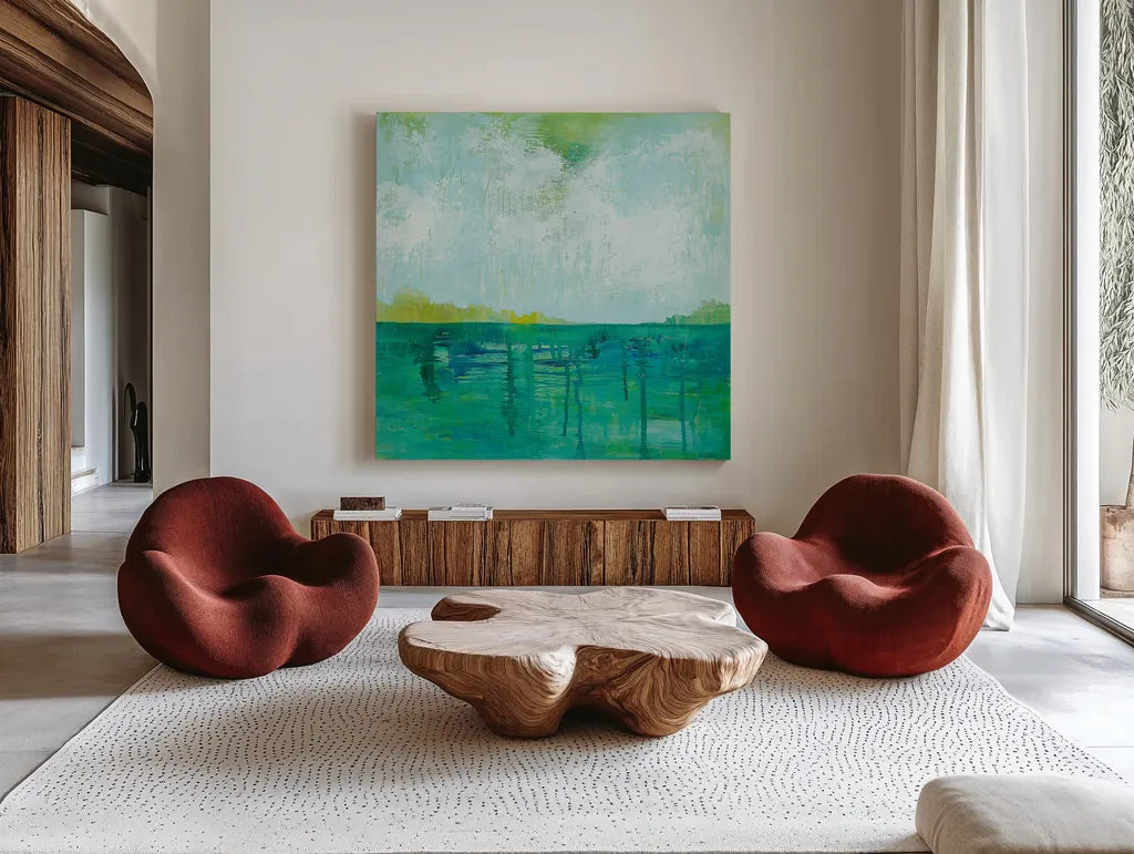 To the Shore by Melissa Averinos. Shown as extra-large giant wall art in a modern living room. Available as an archival giclee rolled canvas, fine art paper, or poster print. SKU 27609a.