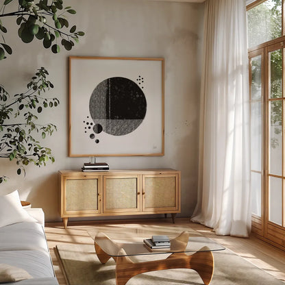 Tribeca I by Melissa Averinos. Shown in a natural wood frame in a cozy modern living room. Available as an archival giclee rolled canvas, fine art paper, or poster print. SKU 64355a.