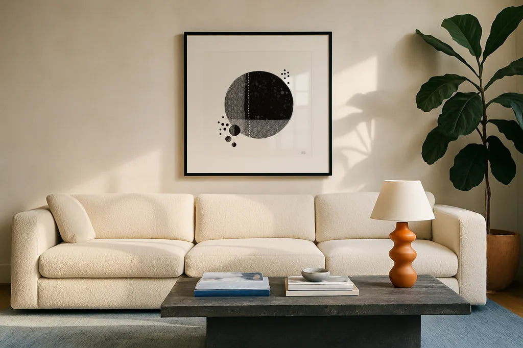 Tribeca I by Melissa Averinos. Displayed in a glass frame with matte in a clean modern living room. Available as an archival giclee rolled canvas, fine art paper, or poster print. SKU 64355a.
