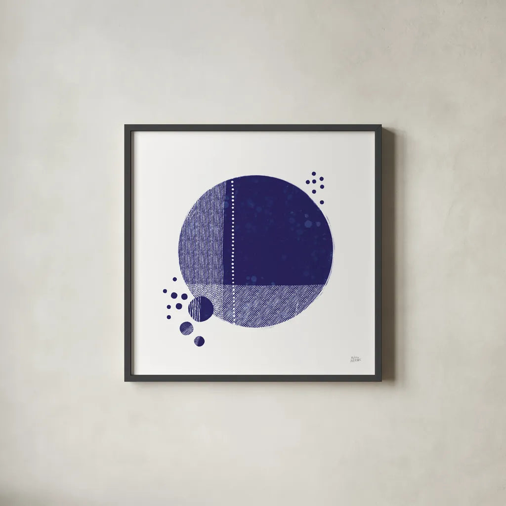 Tribeca I Indigo by Melissa Averinos. Shown in a sleek black glass frame for a contemporary gallery look. Available as an archival giclee rolled canvas, fine art paper, or poster print. SKU 80571a.