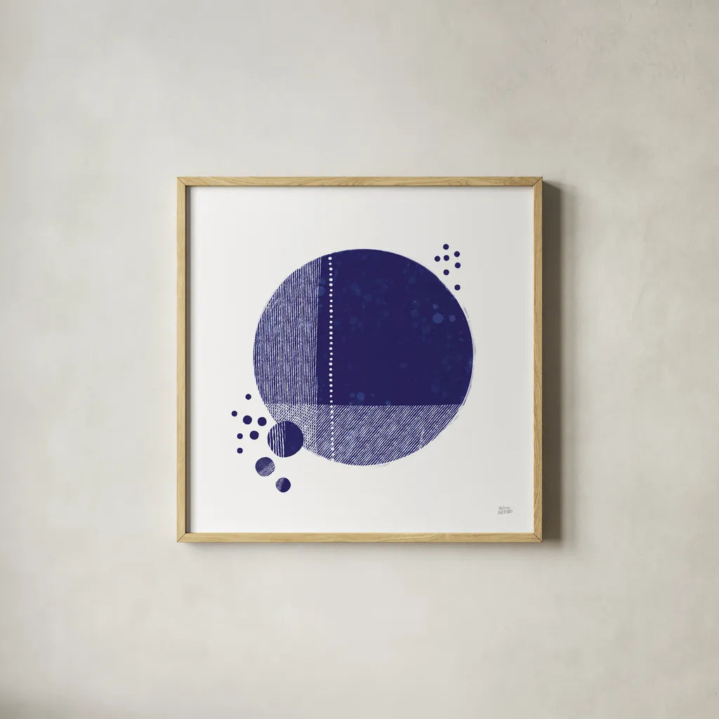 Tribeca I Indigo by Melissa Averinos. Shown in a natural wood glass frame for a timeless modern aesthetic. Available as an archival giclee rolled canvas, fine art paper, or poster print. SKU 80571a.