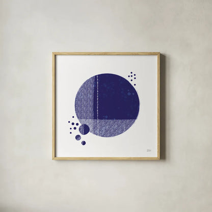 Tribeca I Indigo by Melissa Averinos. Shown in a natural wood glass frame for a timeless modern aesthetic. Available as an archival giclee rolled canvas, fine art paper, or poster print. SKU 80571a.