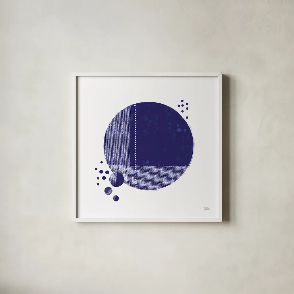 Tribeca I Indigo by Melissa Averinos. Shown in a crisp white glass frame for a clean and minimalist style. Available as an archival giclee rolled canvas, fine art paper, or poster print. SKU 80571a.