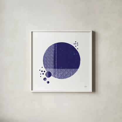 Tribeca I Indigo by Melissa Averinos. Shown in a crisp white glass frame for a clean and minimalist style. Available as an archival giclee rolled canvas, fine art paper, or poster print. SKU 80571a.