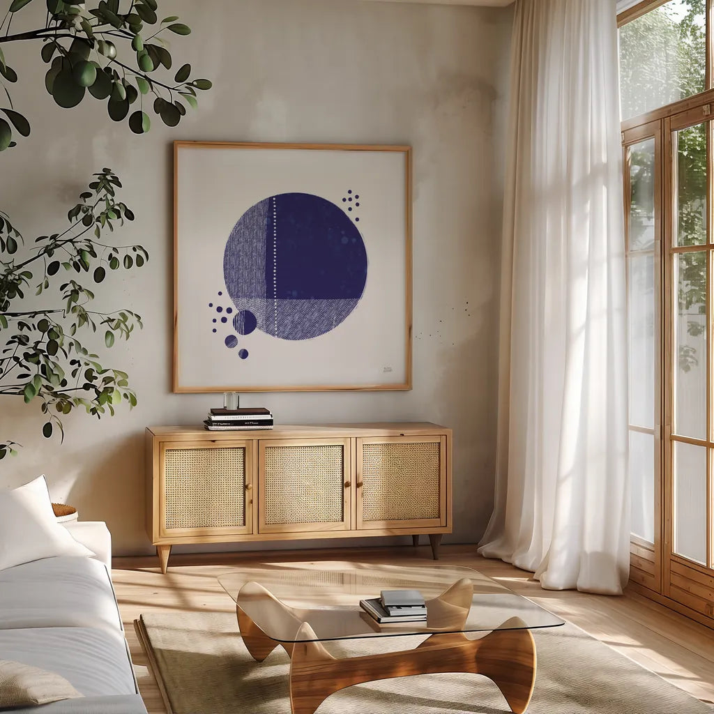 Tribeca I Indigo by Melissa Averinos. Shown in a natural wood frame in a cozy modern living room. Available as an archival giclee rolled canvas, fine art paper, or poster print. SKU 80571a.