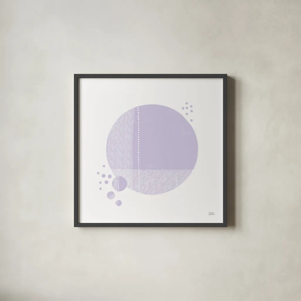 Tribeca I Purple by Melissa Averinos. Shown in a sleek black glass frame for a contemporary gallery look. Available as an archival giclee rolled canvas, fine art paper, or poster print. SKU 80573a.