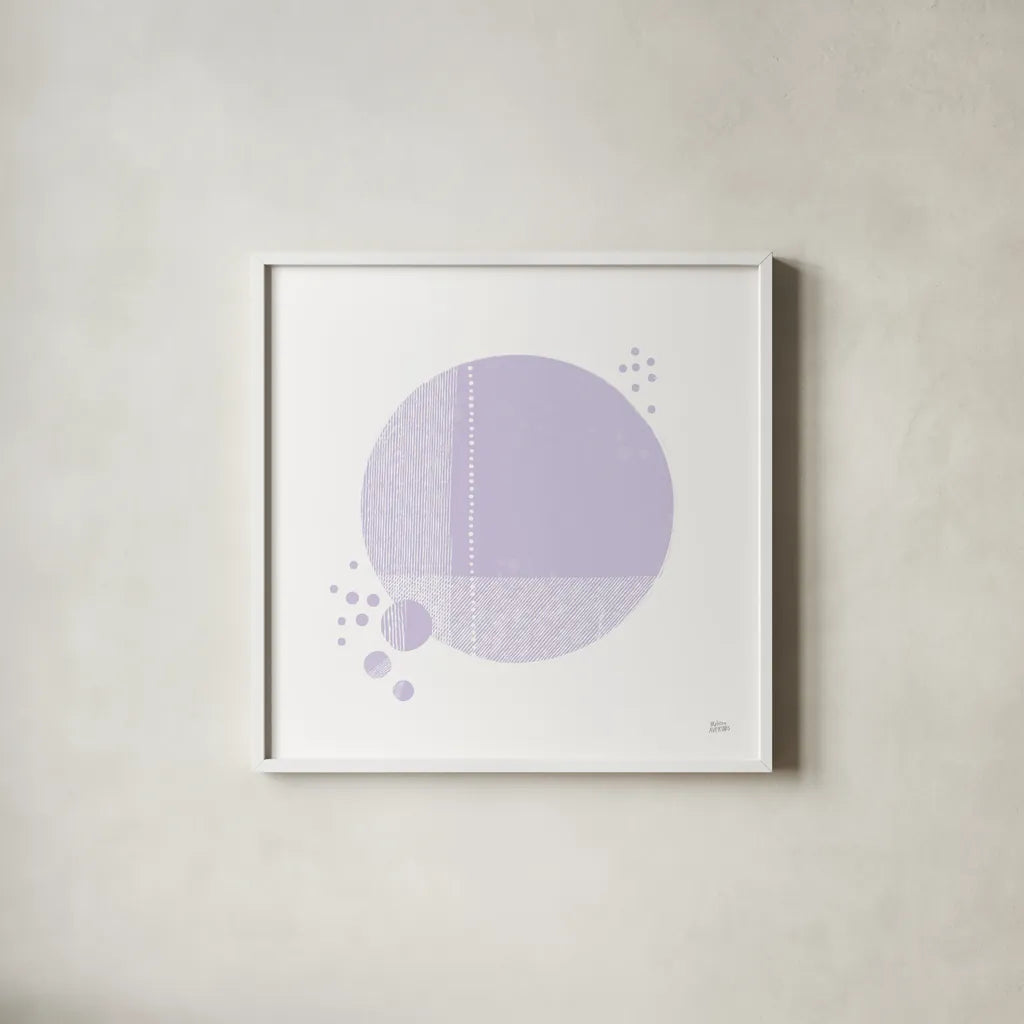 Tribeca I Purple by Melissa Averinos. Shown in a crisp white glass frame for a clean and minimalist style. Available as an archival giclee rolled canvas, fine art paper, or poster print. SKU 80573a.