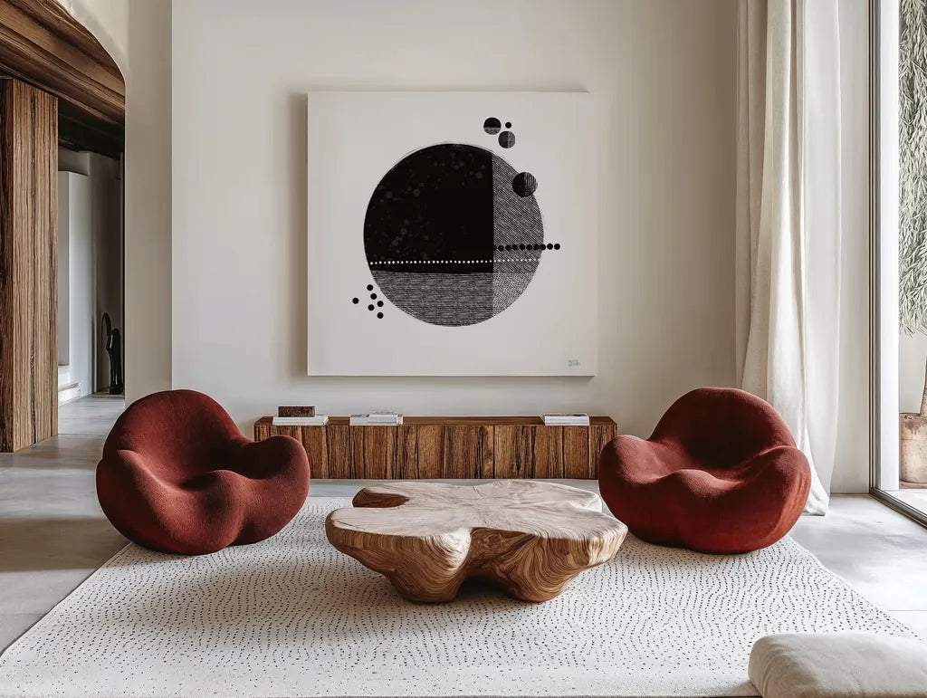 Tribeca II by Melissa Averinos. Shown as extra-large giant wall art in a modern living room. Available as an archival giclee rolled canvas, fine art paper, or poster print. SKU 64356a.