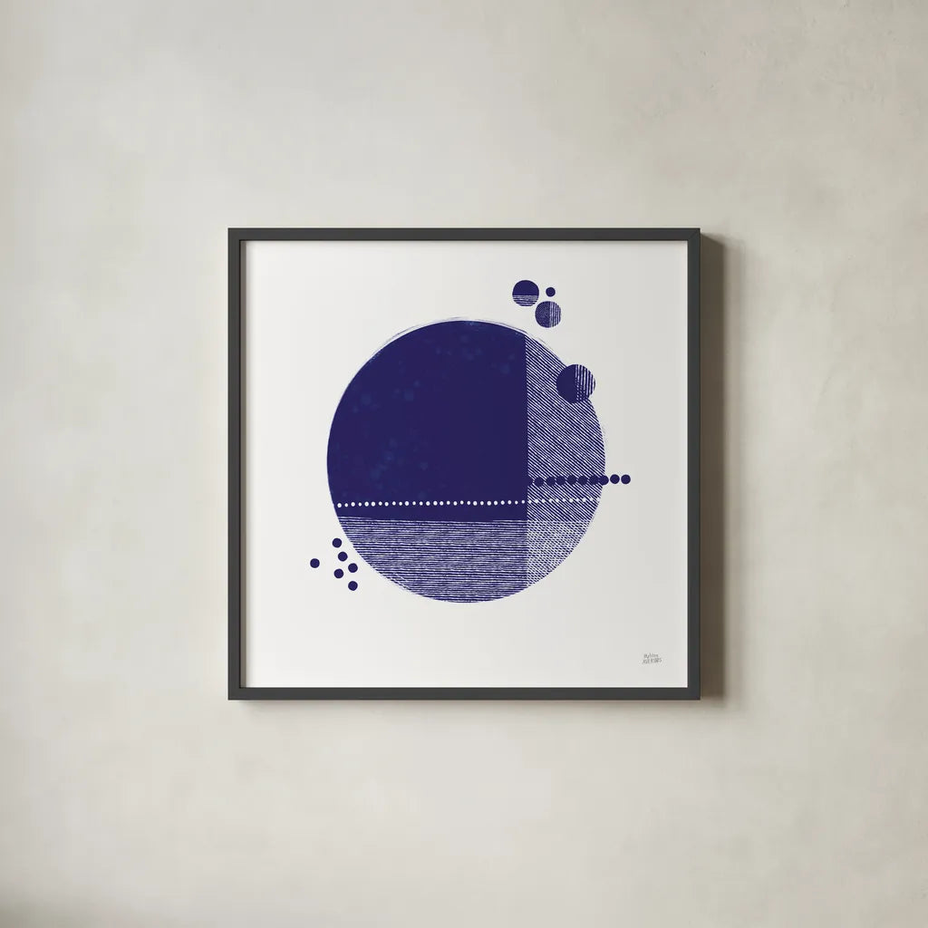 Tribeca II Indigo by Melissa Averinos. Shown in a sleek black glass frame for a contemporary gallery look. Available as an archival giclee rolled canvas, fine art paper, or poster print. SKU 80572a.