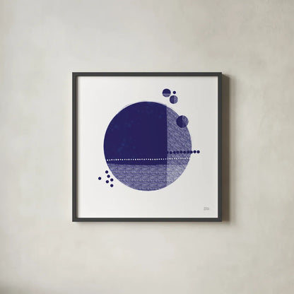 Tribeca II Indigo by Melissa Averinos. Shown in a sleek black glass frame for a contemporary gallery look. Available as an archival giclee rolled canvas, fine art paper, or poster print. SKU 80572a.