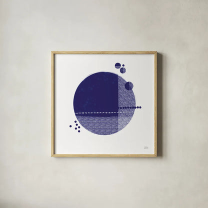Tribeca II Indigo by Melissa Averinos. Shown in a natural wood glass frame for a timeless modern aesthetic. Available as an archival giclee rolled canvas, fine art paper, or poster print. SKU 80572a.