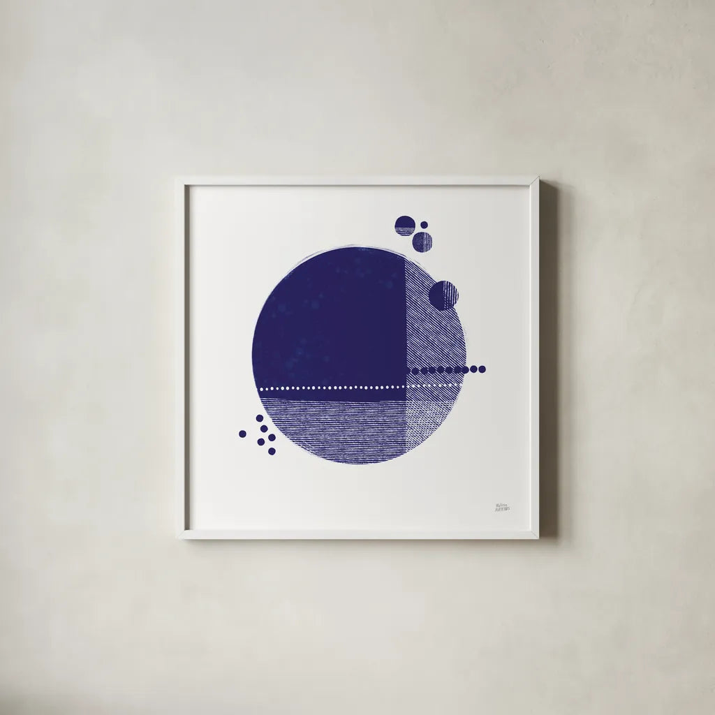 Tribeca II Indigo by Melissa Averinos. Shown in a crisp white glass frame for a clean and minimalist style. Available as an archival giclee rolled canvas, fine art paper, or poster print. SKU 80572a.