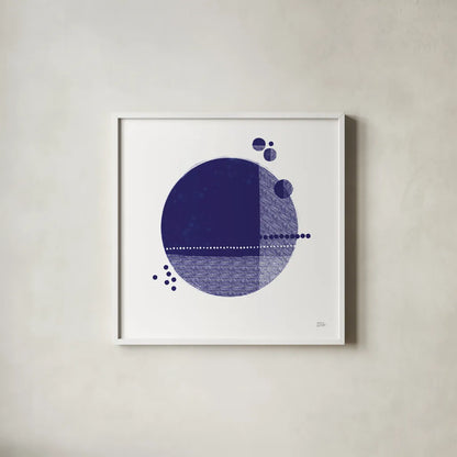 Tribeca II Indigo by Melissa Averinos. Shown in a crisp white glass frame for a clean and minimalist style. Available as an archival giclee rolled canvas, fine art paper, or poster print. SKU 80572a.