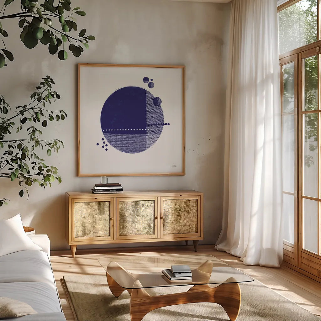 Tribeca II Indigo by Melissa Averinos. Shown in a natural wood frame in a cozy modern living room. Available as an archival giclee rolled canvas, fine art paper, or poster print. SKU 80572a.