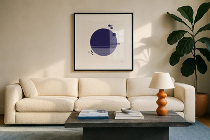 Tribeca II Indigo by Melissa Averinos. Displayed in a glass frame with matte in a clean modern living room. Available as an archival giclee rolled canvas, fine art paper, or poster print. SKU 80572a.