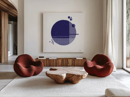 Tribeca II Indigo by Melissa Averinos. Shown as extra-large giant wall art in a modern living room. Available as an archival giclee rolled canvas, fine art paper, or poster print. SKU 80572a.