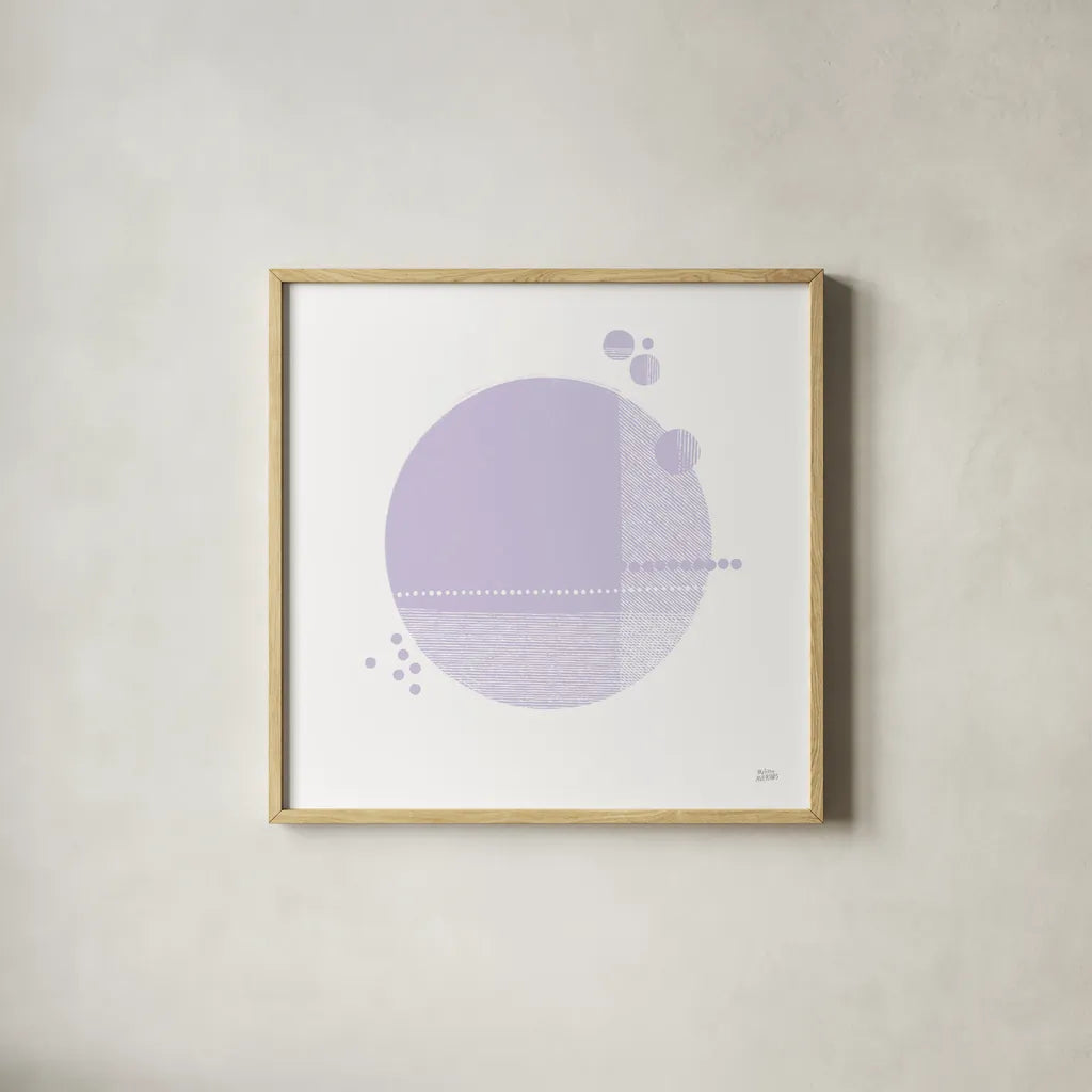 Tribeca II Purple by Melissa Averinos. Shown in a natural wood glass frame for a timeless modern aesthetic. Available as an archival giclee rolled canvas, fine art paper, or poster print. SKU 80574a.