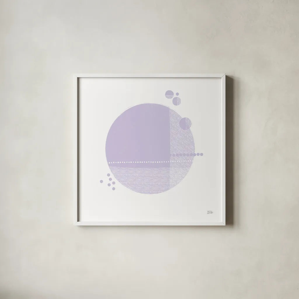 Tribeca II Purple by Melissa Averinos. Shown in a crisp white glass frame for a clean and minimalist style. Available as an archival giclee rolled canvas, fine art paper, or poster print. SKU 80574a.