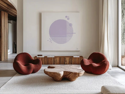 Tribeca II Purple by Melissa Averinos. Shown as extra-large giant wall art in a modern living room. Available as an archival giclee rolled canvas, fine art paper, or poster print. SKU 80574a.
