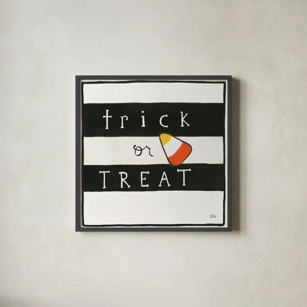 Trick or Treat by Melissa Averinos. Shown in a sleek black glass frame for a contemporary gallery look. Available as an archival giclee rolled canvas, fine art paper, or poster print. SKU 57877a.
