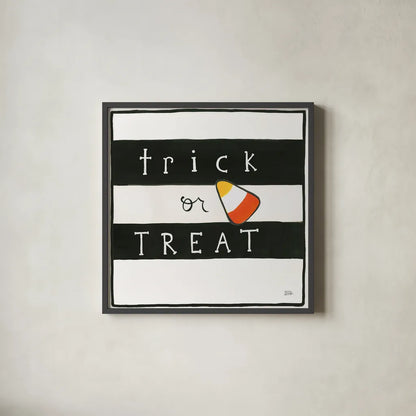 Trick or Treat by Melissa Averinos. Shown in a sleek black glass frame for a contemporary gallery look. Available as an archival giclee rolled canvas, fine art paper, or poster print. SKU 57877a.