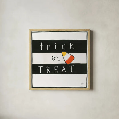 Trick or Treat by Melissa Averinos. Shown in a natural wood glass frame for a timeless modern aesthetic. Available as an archival giclee rolled canvas, fine art paper, or poster print. SKU 57877a.