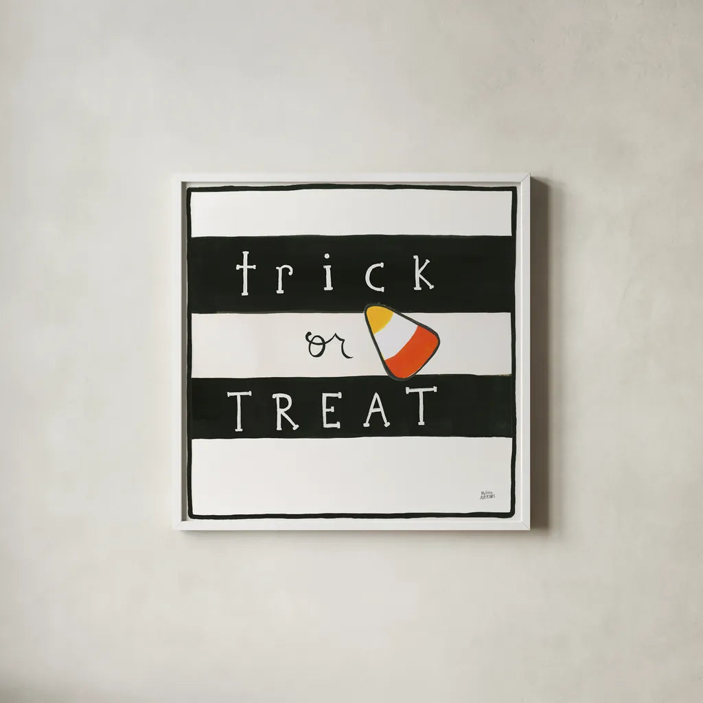 Trick or Treat by Melissa Averinos. Shown in a crisp white glass frame for a clean and minimalist style. Available as an archival giclee rolled canvas, fine art paper, or poster print. SKU 57877a.
