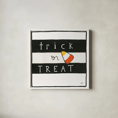 Trick or Treat by Melissa Averinos. Shown in a crisp white glass frame for a clean and minimalist style. Available as an archival giclee rolled canvas, fine art paper, or poster print. SKU 57877a.