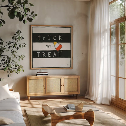 Trick or Treat by Melissa Averinos. Shown in a natural wood frame in a cozy modern living room. Available as an archival giclee rolled canvas, fine art paper, or poster print. SKU 57877a.