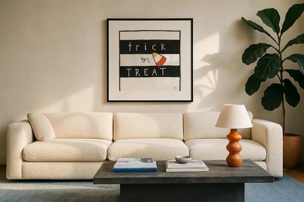 Trick or Treat by Melissa Averinos. Displayed in a glass frame with matte in a clean modern living room. Available as an archival giclee rolled canvas, fine art paper, or poster print. SKU 57877a.