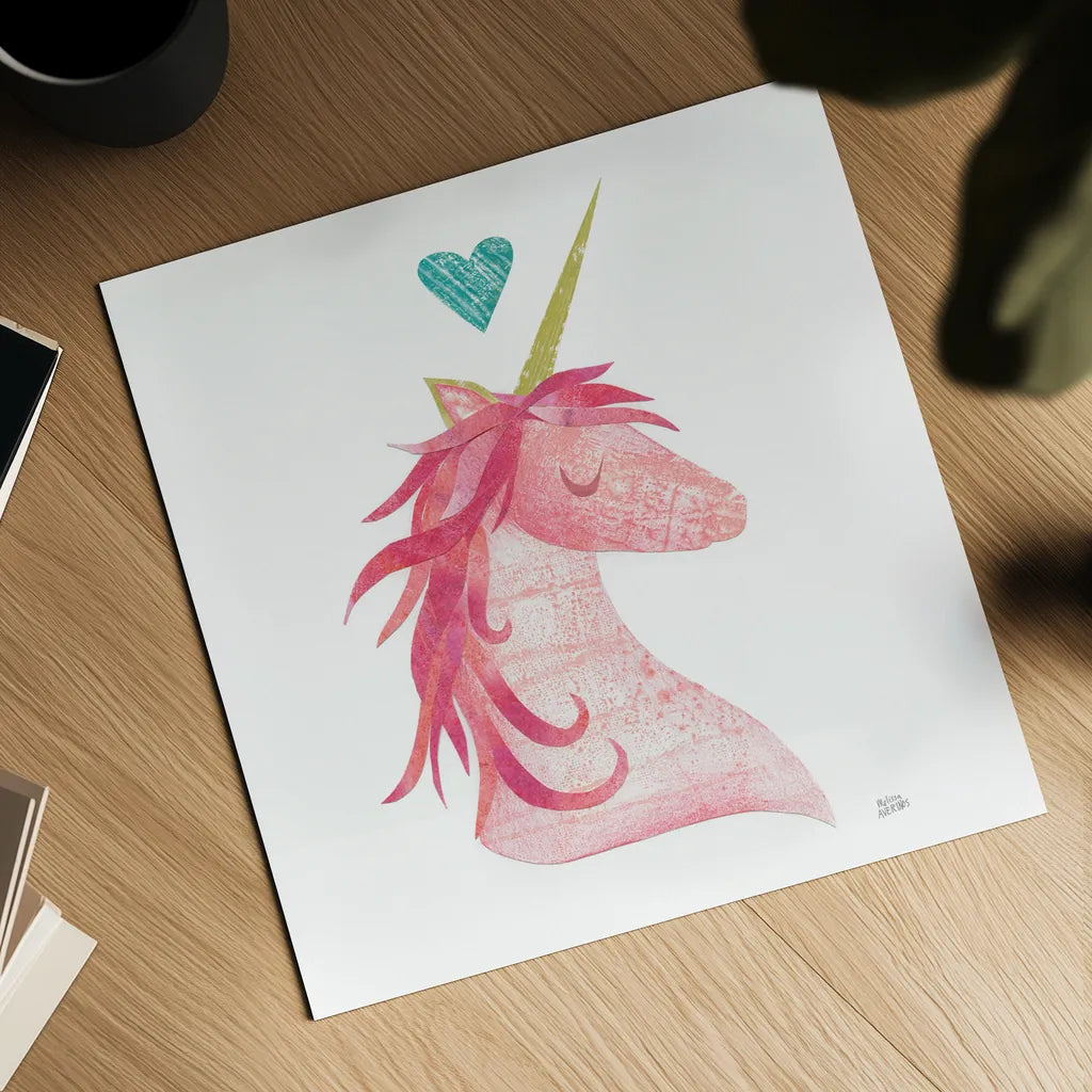 Unicorn Magic I Heart Sq by Melissa Averinos. Shown as a detailed flat fine art print, highlighting archival giclee quality. Available as an archival giclee rolled canvas, fine art paper, or poster print. SKU 35450a.