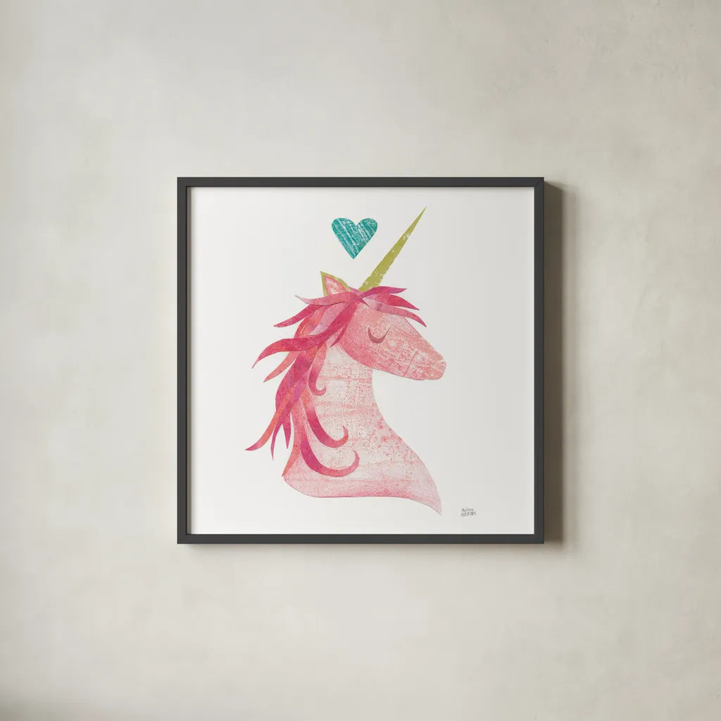 Unicorn Magic I Heart Sq by Melissa Averinos. Shown in a sleek black glass frame for a contemporary gallery look. Available as an archival giclee rolled canvas, fine art paper, or poster print. SKU 35450a.