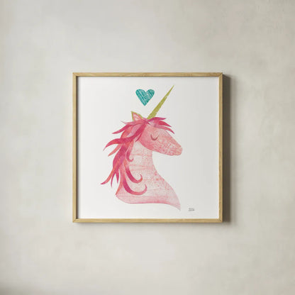Unicorn Magic I Heart Sq by Melissa Averinos. Shown in a natural wood glass frame for a timeless modern aesthetic. Available as an archival giclee rolled canvas, fine art paper, or poster print. SKU 35450a.